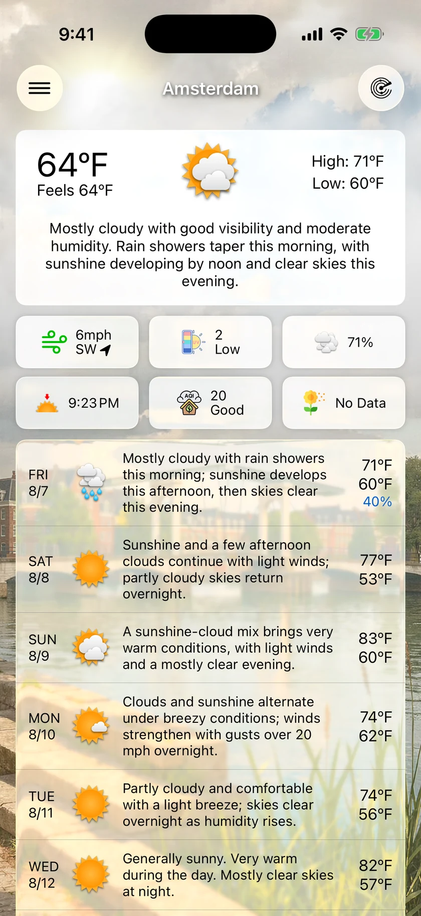 Forecast Bar's main screen on iPhone with an animated city scene of Amsterdam behind the forecast
