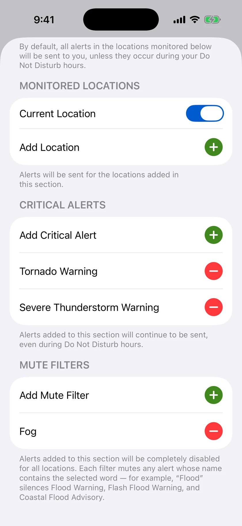 The Critical Alerts section of Forecast Bar's alert settings, with tornado and severe thunderstorm warnings added and a mute filter below