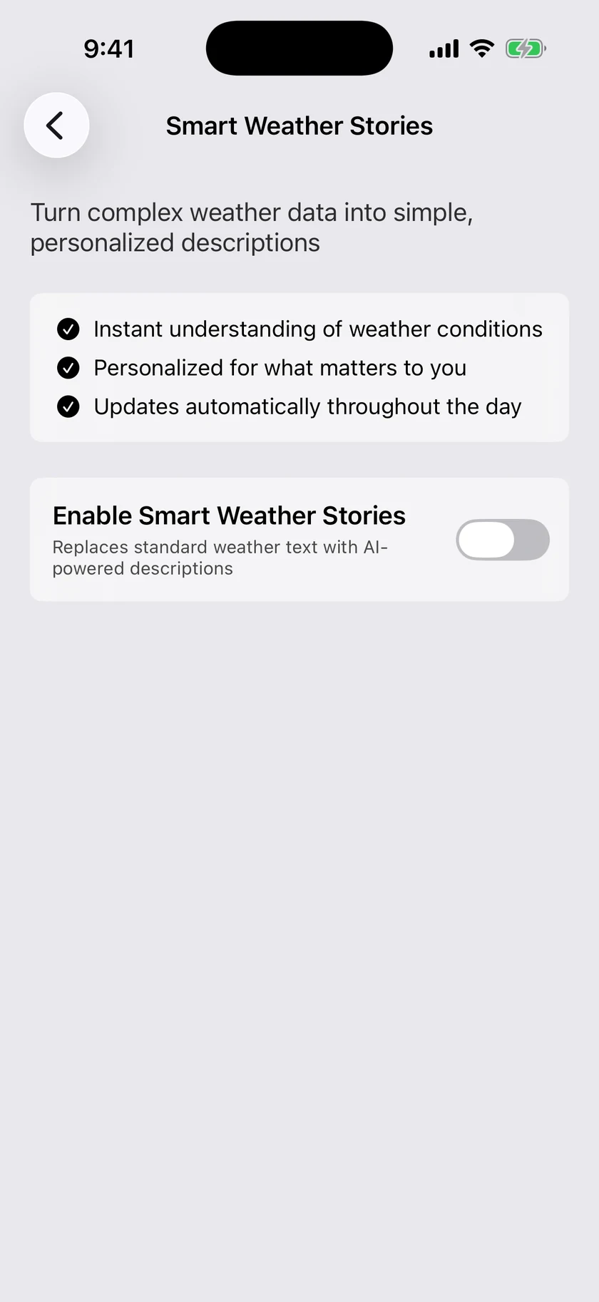 The Smart Weather Stories settings screen with the feature checklist and the Enable toggle