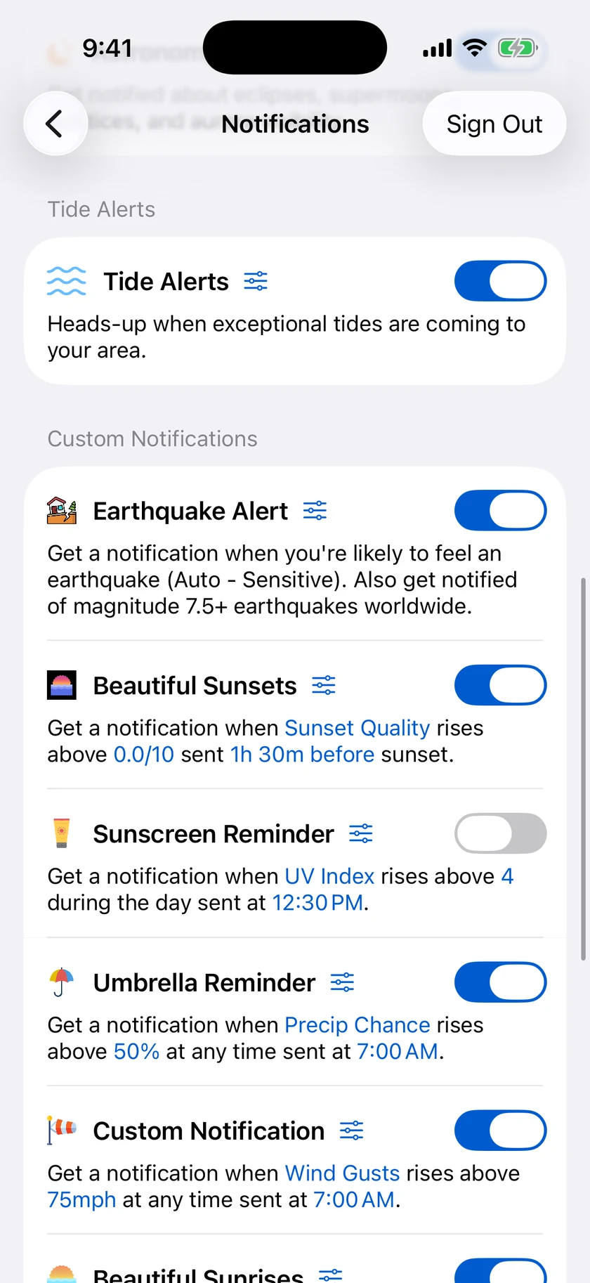 The Custom Notifications list with Earthquake Alert, Beautiful Sunsets, Sunscreen Reminder, Umbrella Reminder, and a custom wind gust alert, each summarizing its rule in a sentence.