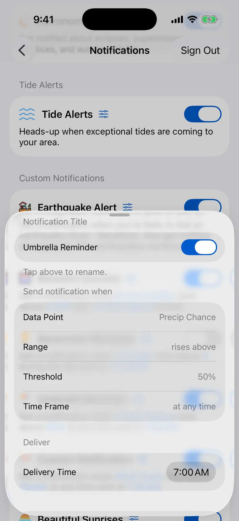The custom notification editor showing the Umbrella Reminder - data point Precip Chance, rises above 50 percent, at any time, delivered at 7 AM.