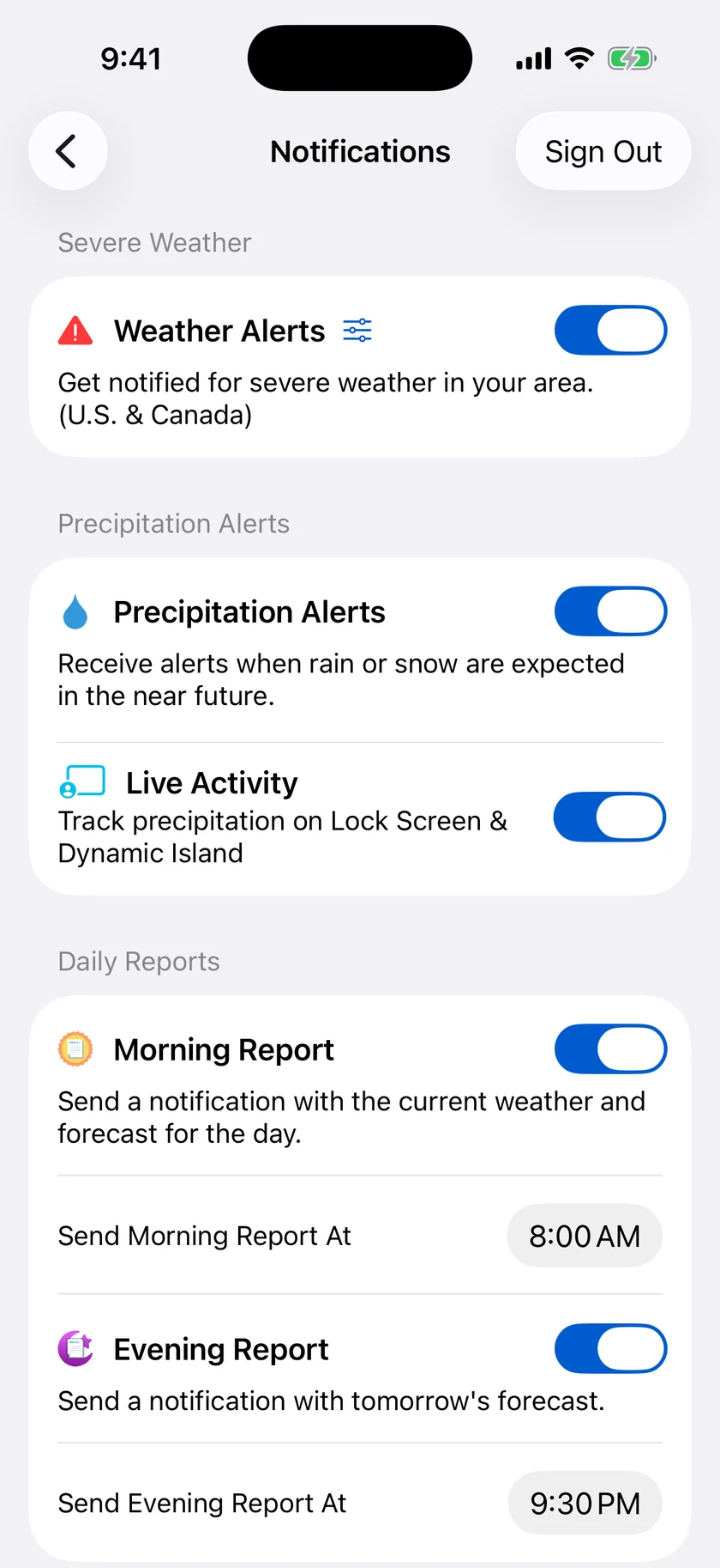The Notifications settings screen with Severe Weather, Precipitation Alerts, Live Activity, and Daily Reports sections, all enabled.