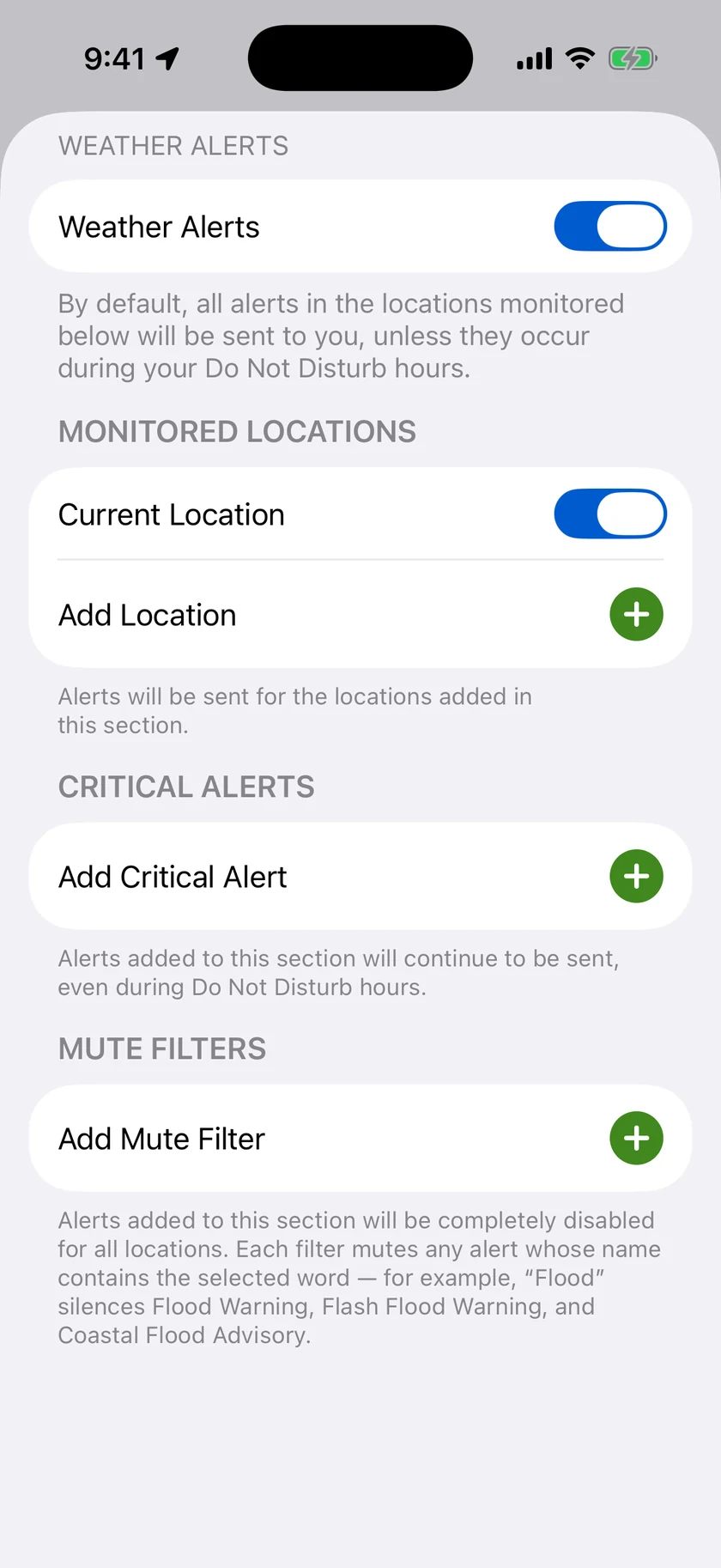 The Weather Alerts detail sheet with the master toggle, Monitored Locations, Critical Alerts, and Mute Filters sections.