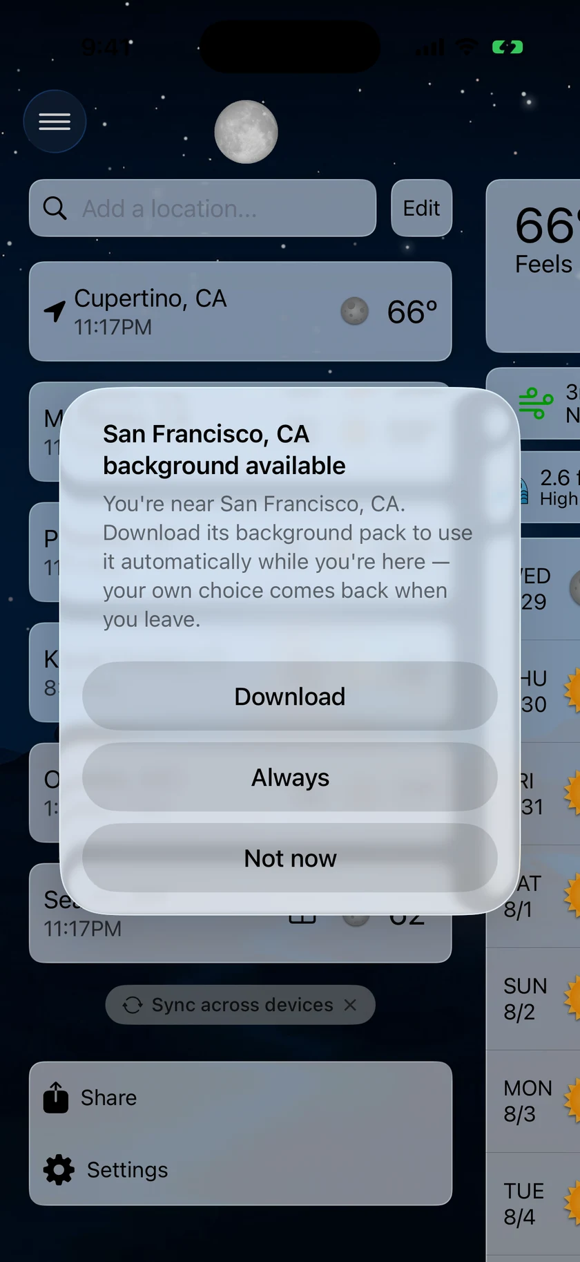 An alert offering the San Francisco background pack with Download, Always, and Not now buttons.