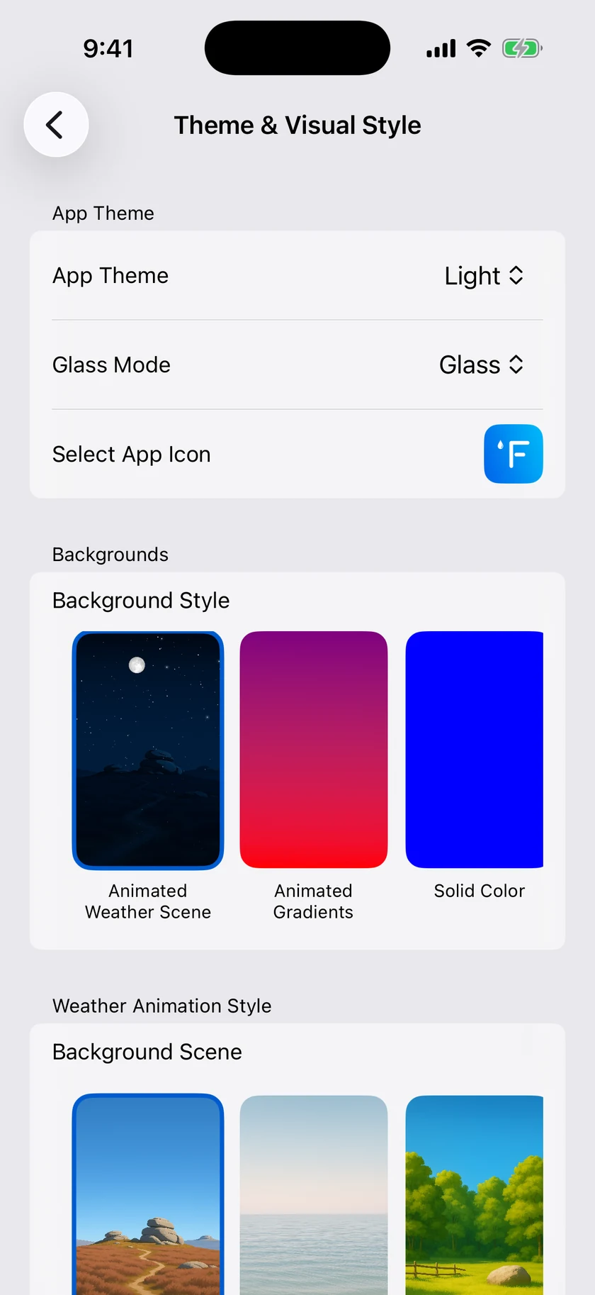 The Theme & Visual Style settings screen showing App Theme, Backgrounds, and scene cards