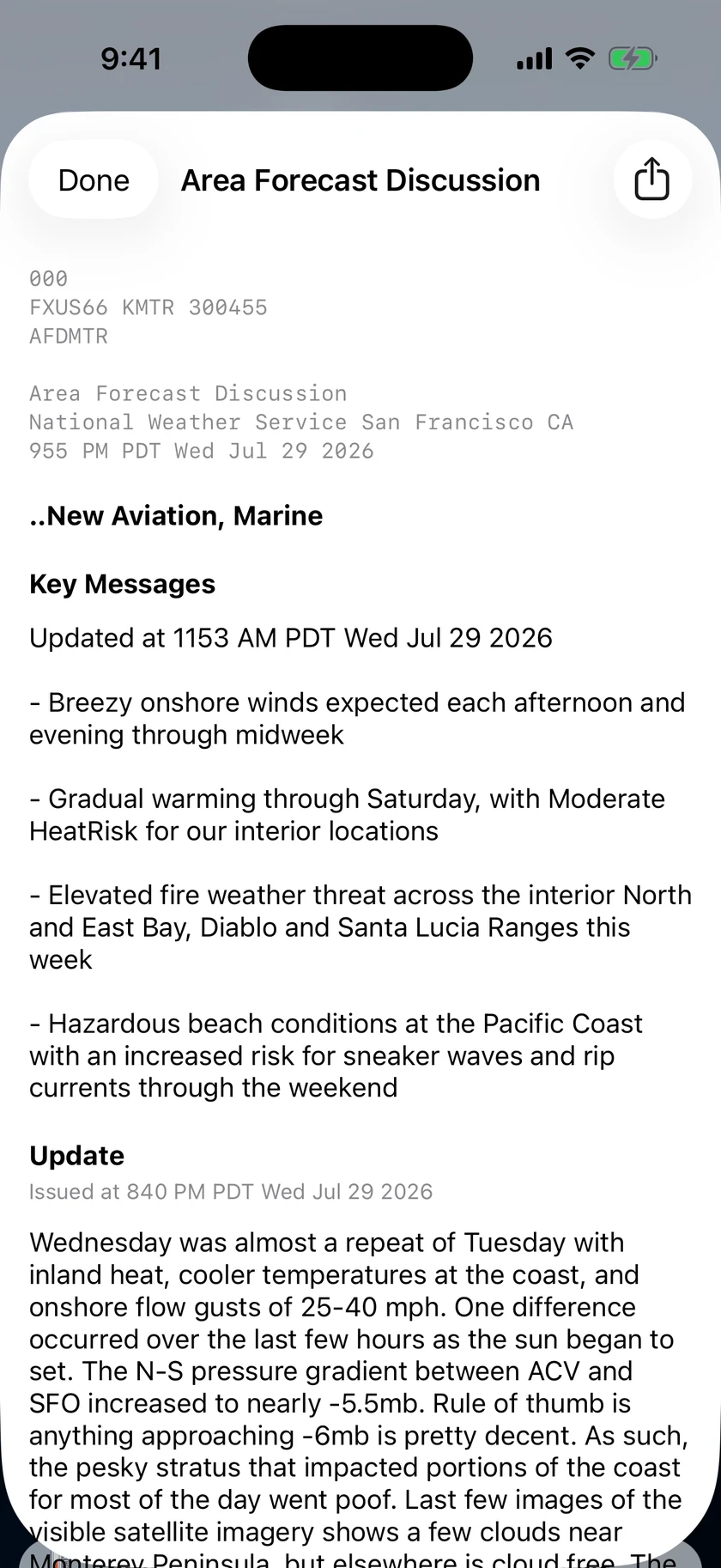 The Area Forecast Discussion sheet showing a National Weather Service discussion with key messages.