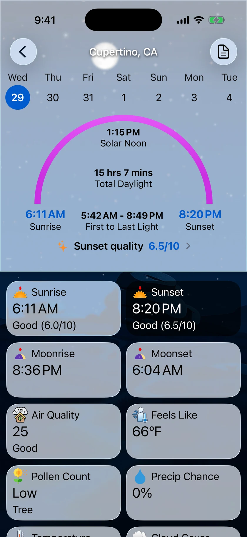 The Sunrise & Sunset detail screen with the solar arc, sunrise and sunset times, sunset quality score, and the data point grid below.