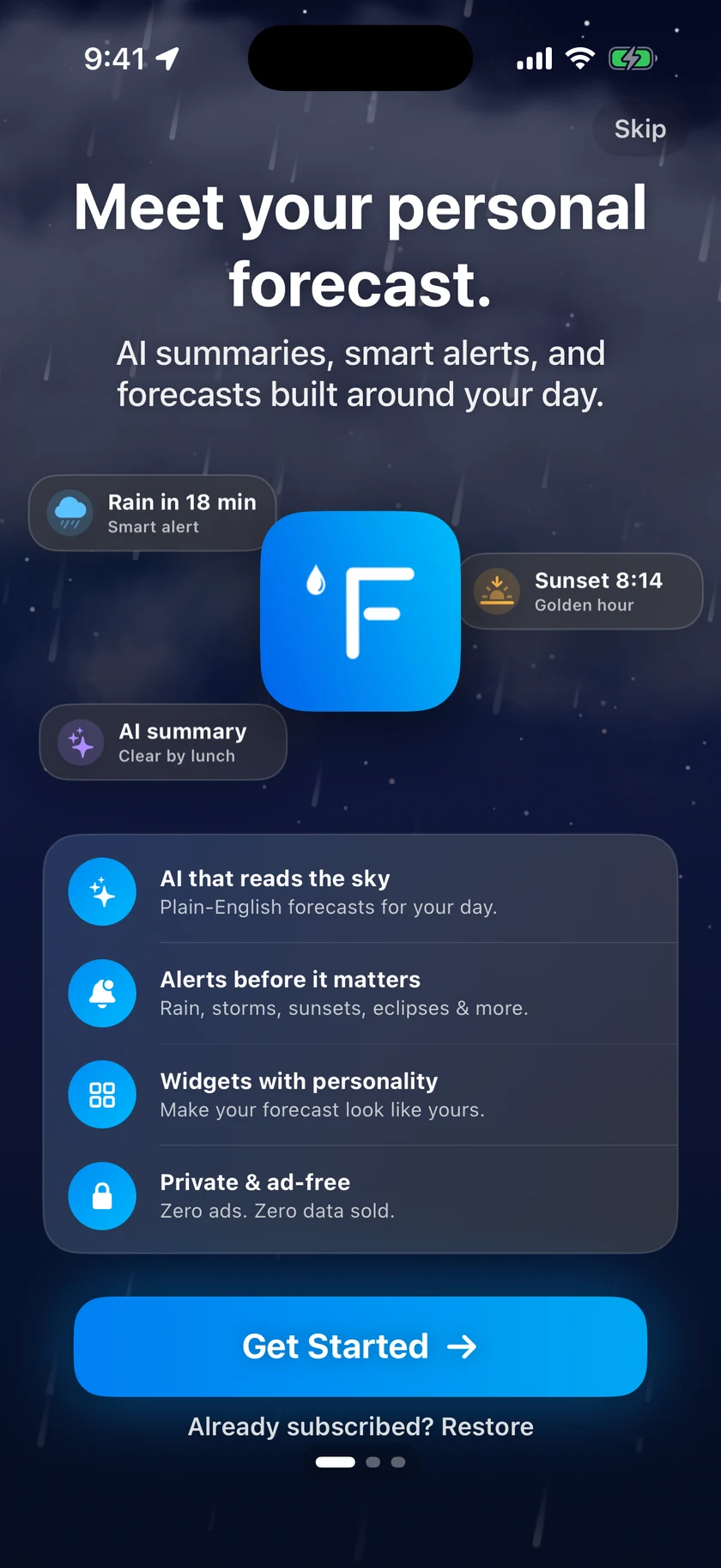 The welcome screen of the onboarding walkthrough with sample alert chips, a feature checklist, and a Get Started button.