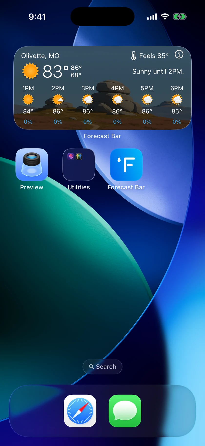 An iPhone Home Screen with a medium Smart Weather Widget showing current conditions and six hours of forecast over a scenic background.