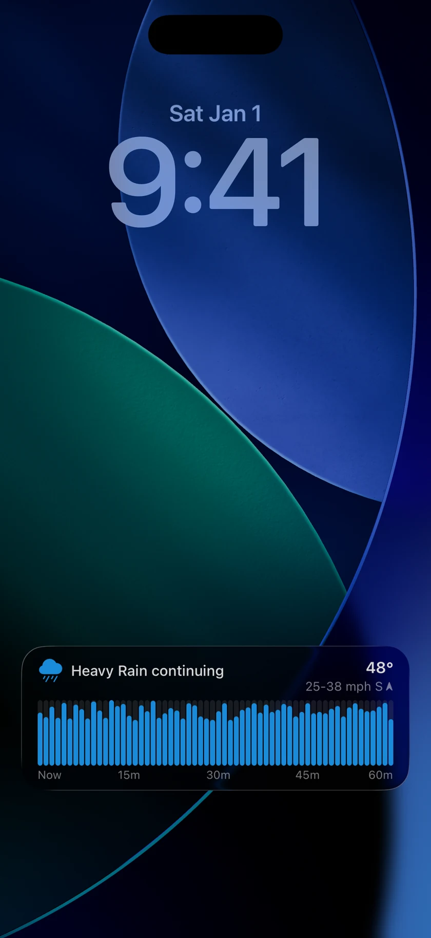 The Forecast Bar Live Activity on the iPhone Lock Screen showing a rain summary, temperature, wind, and a colored minute-by-minute precipitation chart