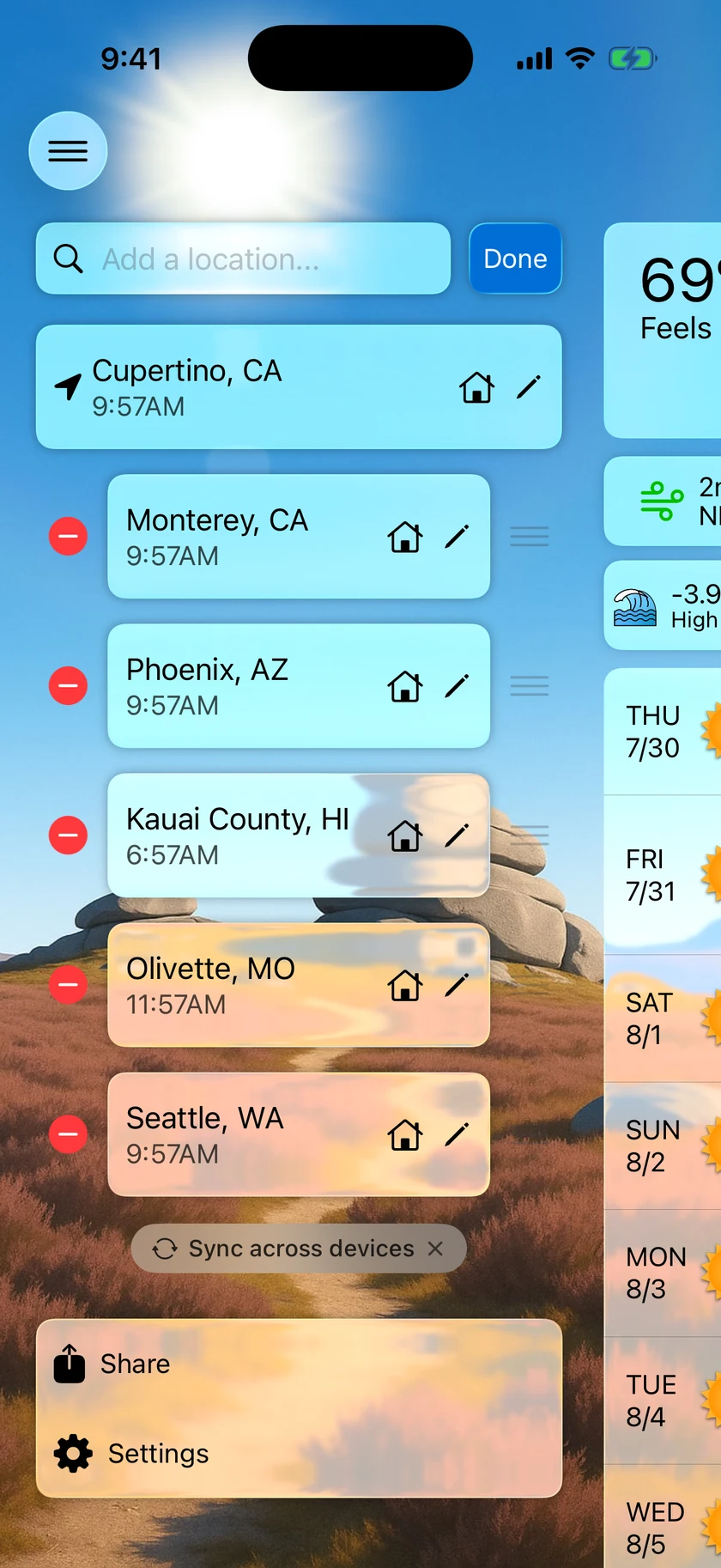 The side menu in Edit mode with delete buttons, home icons, rename pencils, and drag handles on each location.