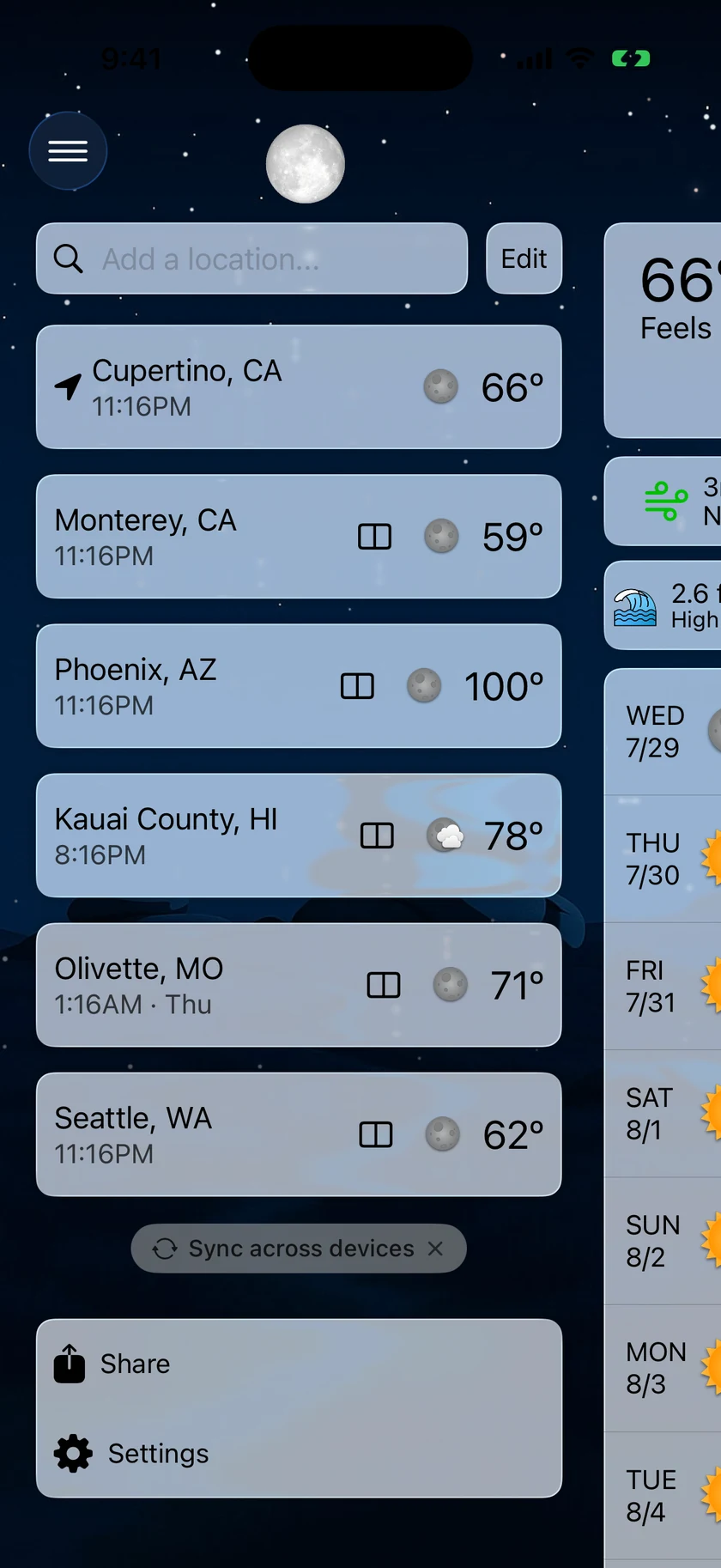 The side menu showing a list of saved locations with inline weather