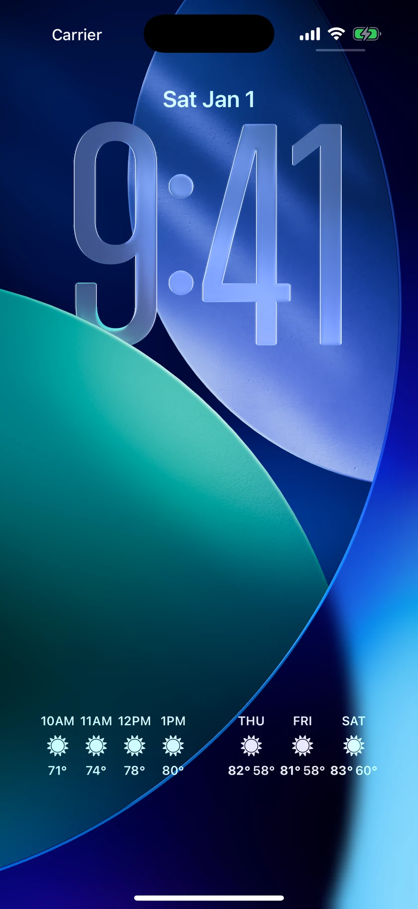 An iPhone Lock Screen with two Forecast Bar widgets under the clock - an hourly temperature strip and a three-day forecast.