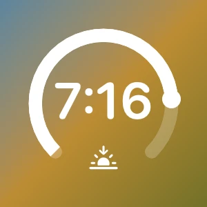 The circular Sunrise & Sunset widget — a thick ring open at the bottom, filled most of the way round to a sun puck, 7:16 large in the centre, and a small sunset glyph in the ring's opening.