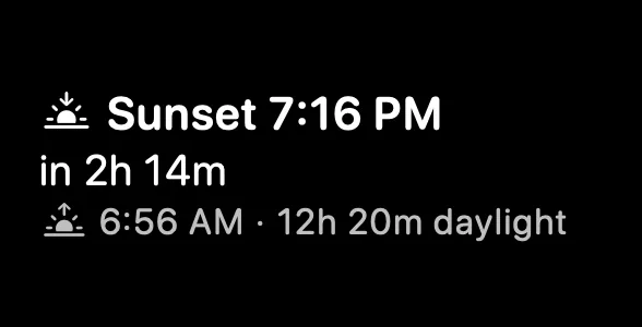 The rectangular Sunrise and Sunset Lock Screen widget: a sunset glyph beside Sunset 7:16 PM, then in 2h 14m, then a sunrise glyph beside 6:56 AM followed by a dot and 12h 20m daylight.