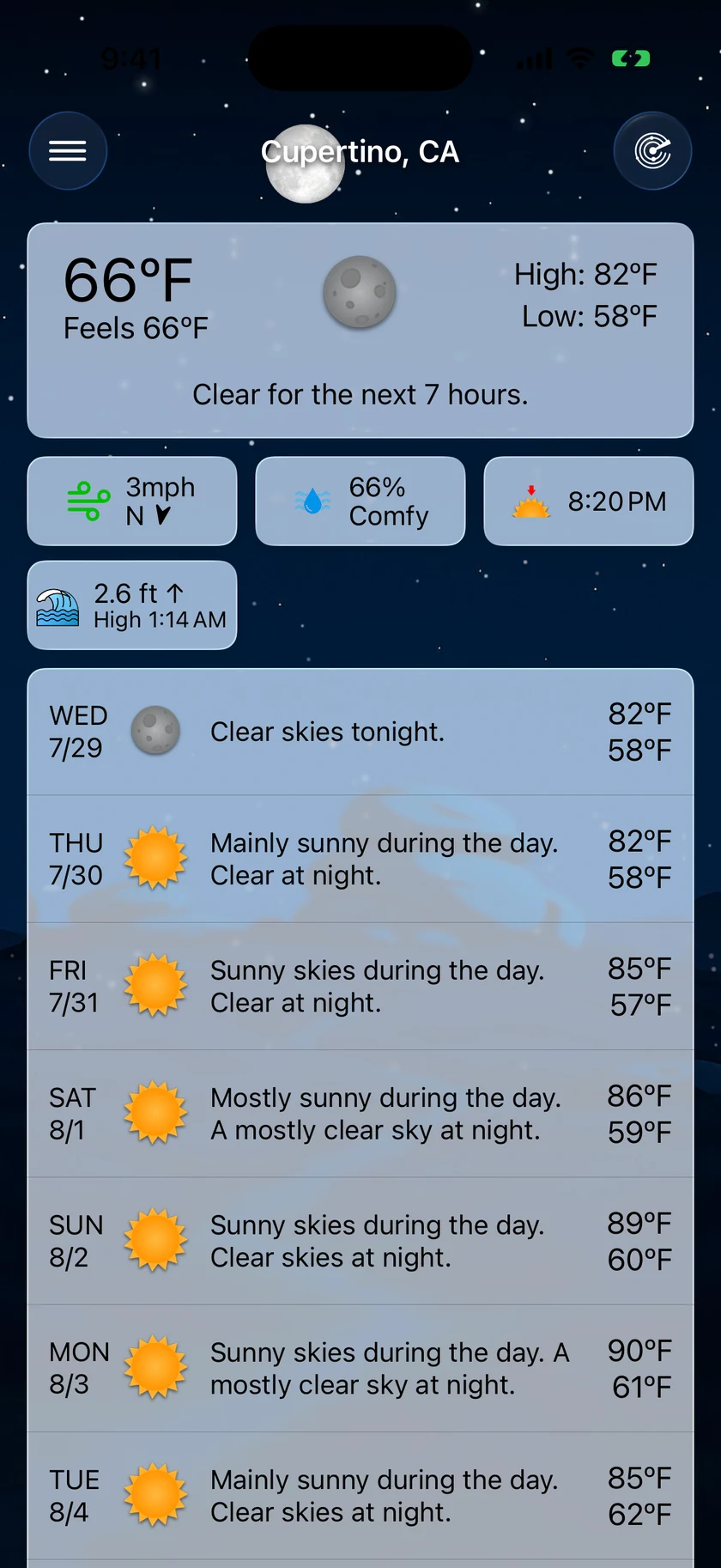 The Forecast Bar main screen showing current conditions, data point tiles, the precipitation section, and the daily forecast.
