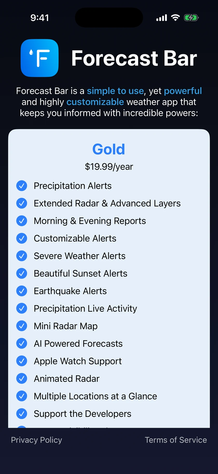 The subscription screen with the Gold plan card listing its features with checkmarks.