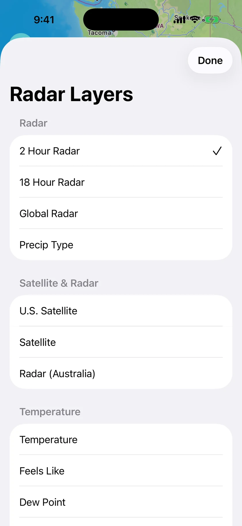 The Radar Layers sheet listing 2 Hour Radar, 18 Hour Radar, Global Radar, Precip Type, satellite and temperature layers.