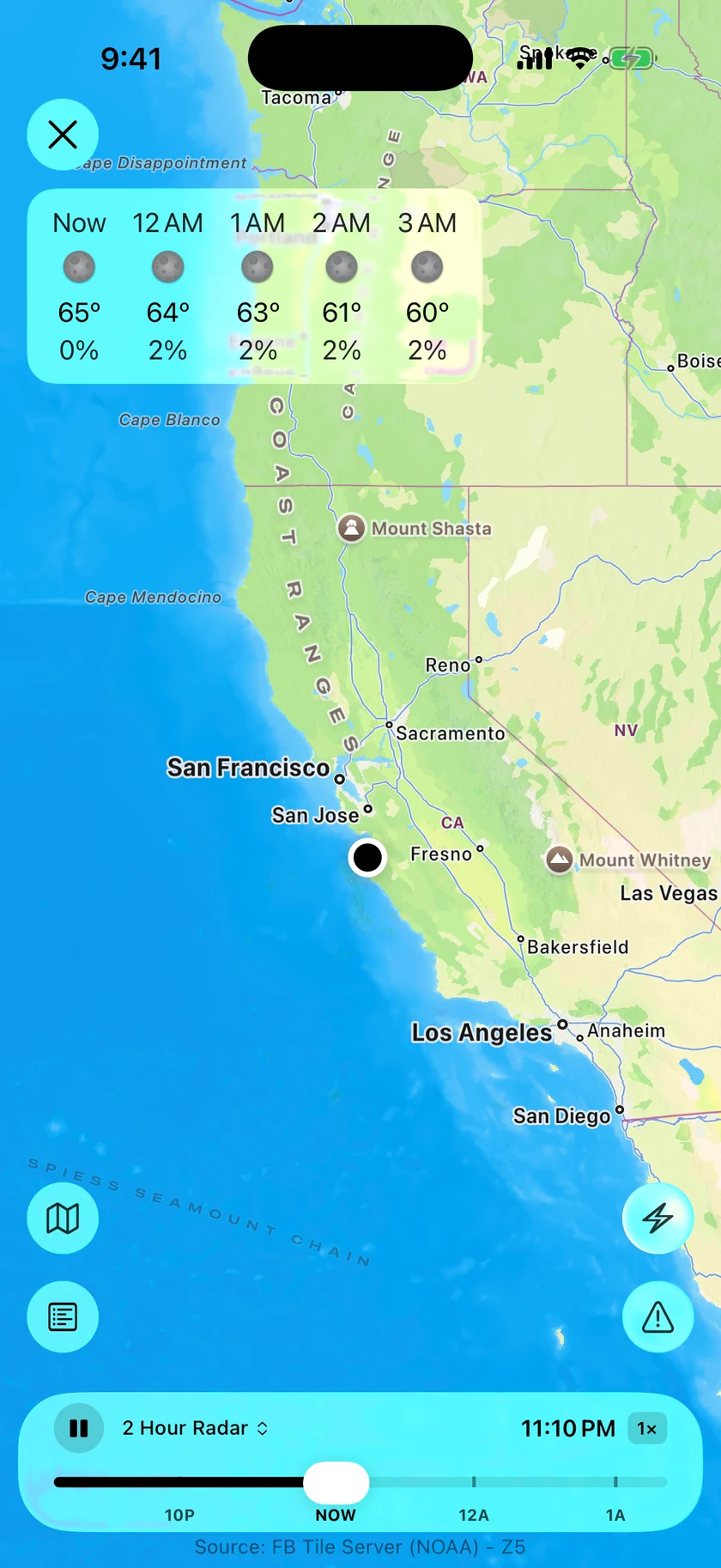 The full-screen radar over California with the timeline, layer button, playback speed, map style, legend, lightning, and warnings controls.