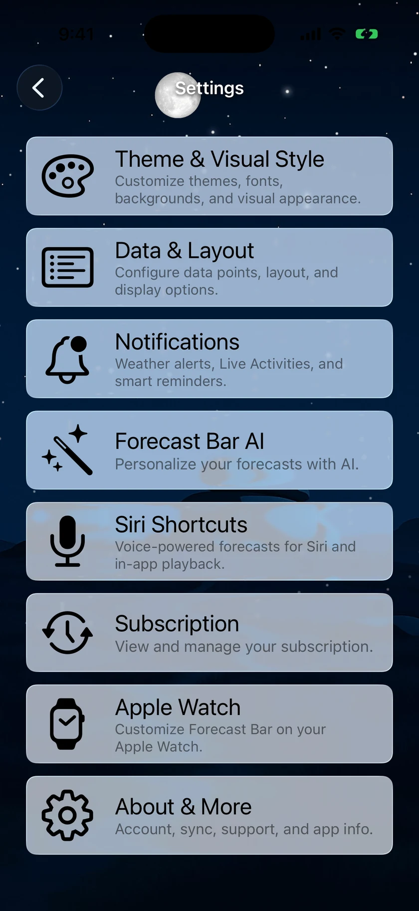 The Settings screen listing Theme & Visual Style, Data & Layout, Notifications, Forecast Bar AI, Siri Shortcuts, Subscription, Apple Watch, and About & More.