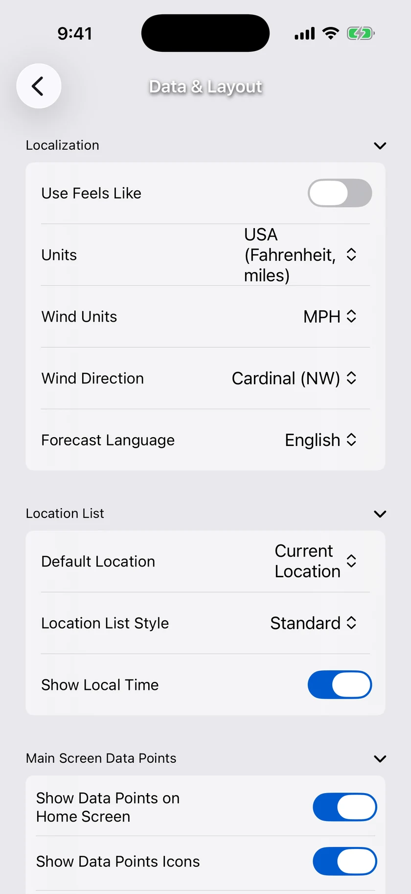 The Data & Layout settings screen with its collapsible sections