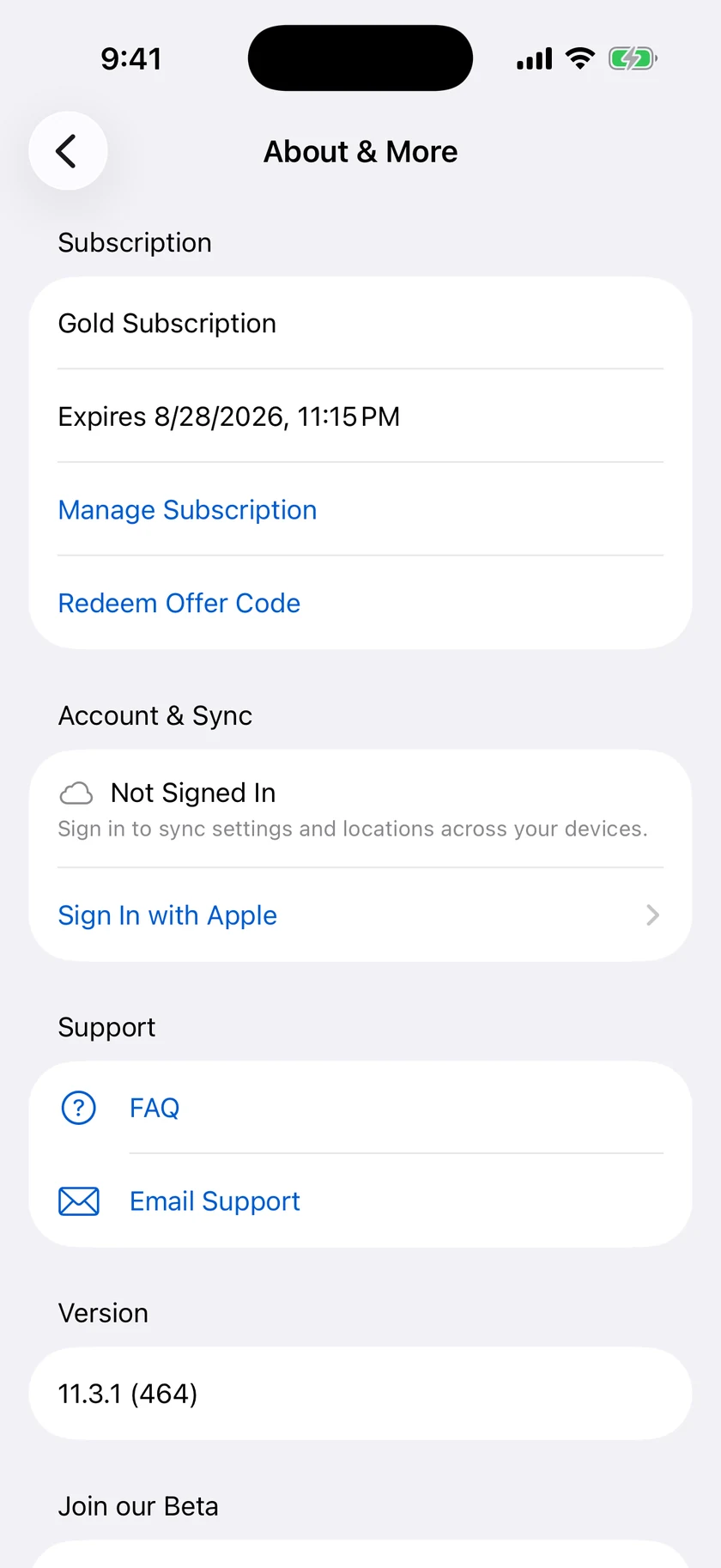 The About & More screen with the Account & Sync section offering Sign In with Apple