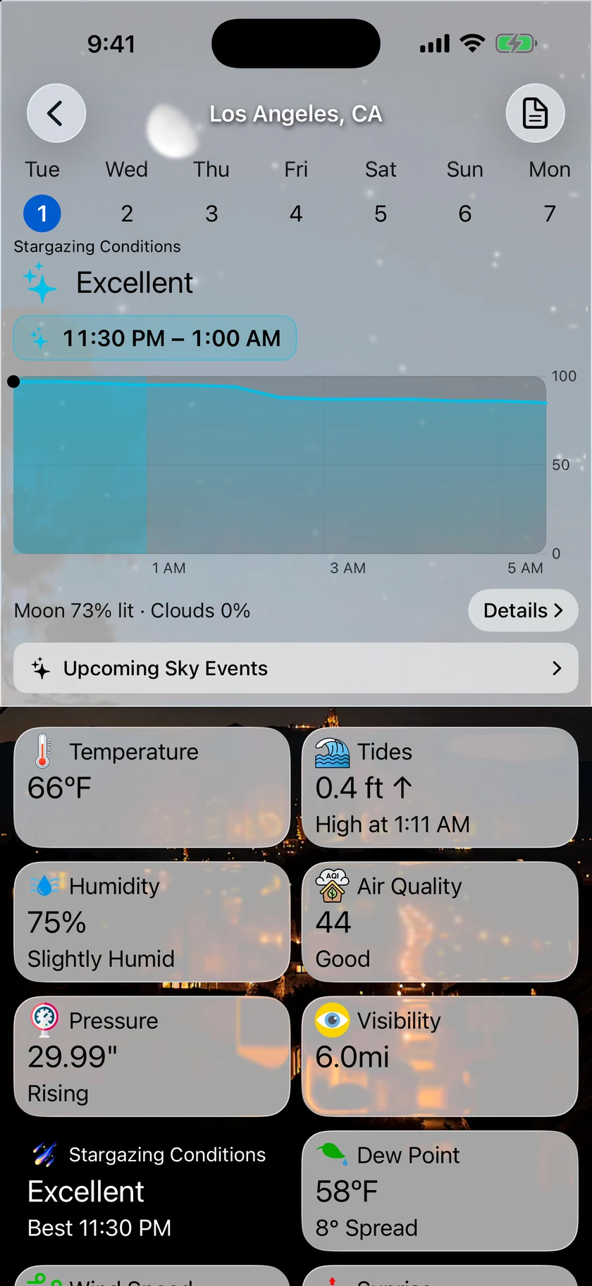 Forecast Bar's Stargazing Conditions panel on iPhone for Los Angeles, rated Excellent with a best window of 11:30 PM to 1:00 AM, an hourly quality chart, and Moon 73% lit with 0% cloud beneath it