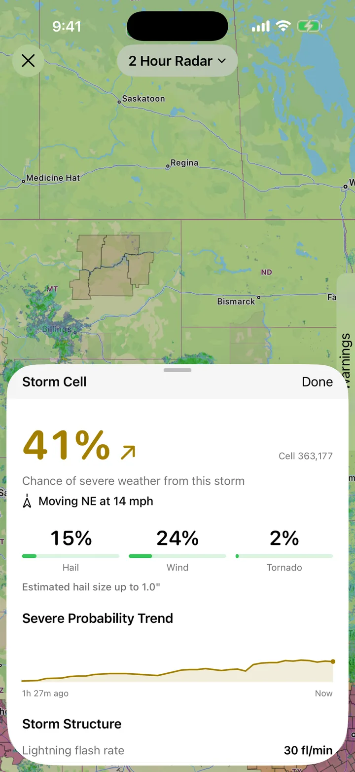 The Storm Cell inspector sheet over the radar, showing a 41 percent severe chance with an upward trend arrow, motion northeast at 14 miles per hour, hail, wind and tornado probabilities with bars, estimated hail size, and a rising severe probability trend line