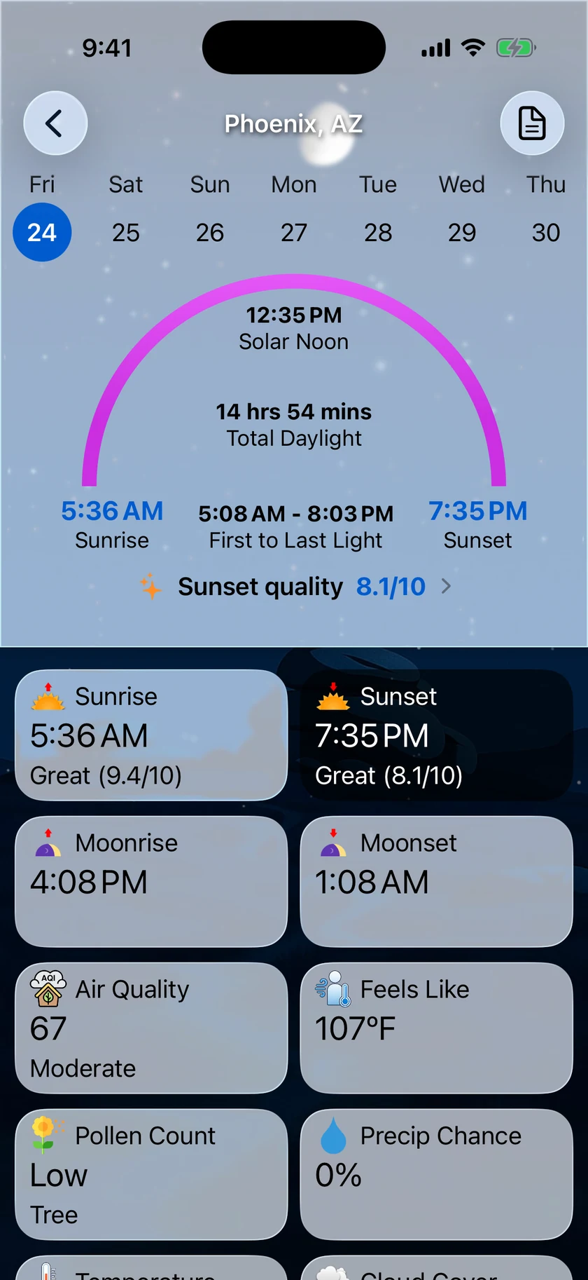 Forecast Bar sun detail screen on iPhone showing the day's sun path arc with solar noon, 14 hours 54 minutes of total daylight, first to last light times, and sunrise and sunset quality both rated Great