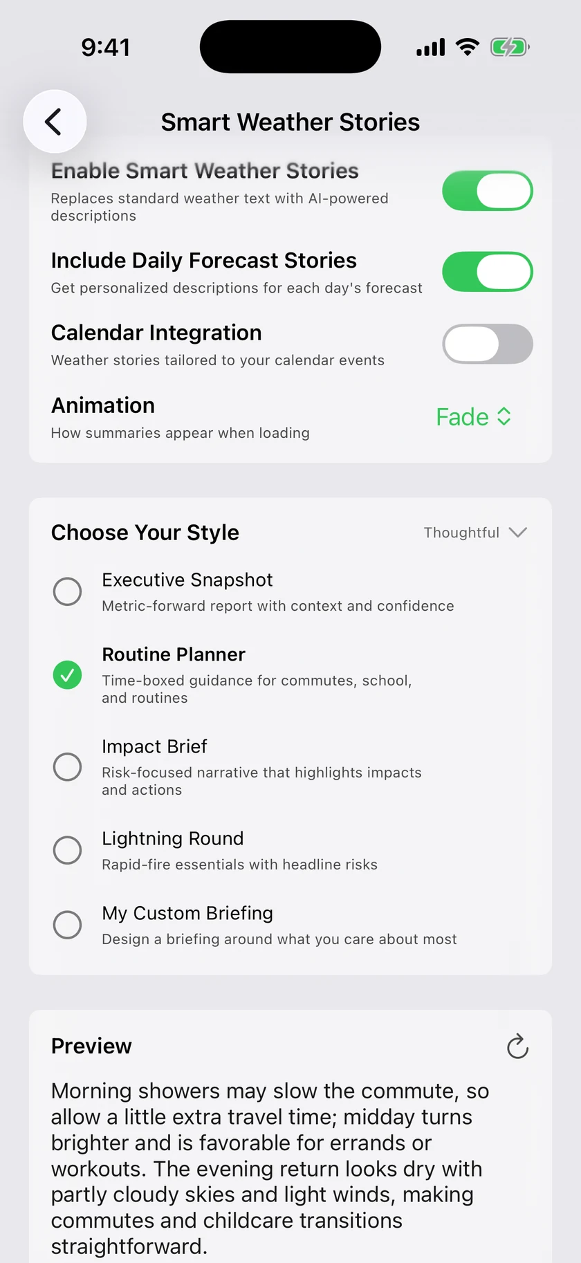Forecast Bar's Smart Weather Stories settings on iPhone set to Thoughtful, with the Routine Planner style selected and a generated preview about morning showers slowing the commute, a brighter midday and a dry evening return
