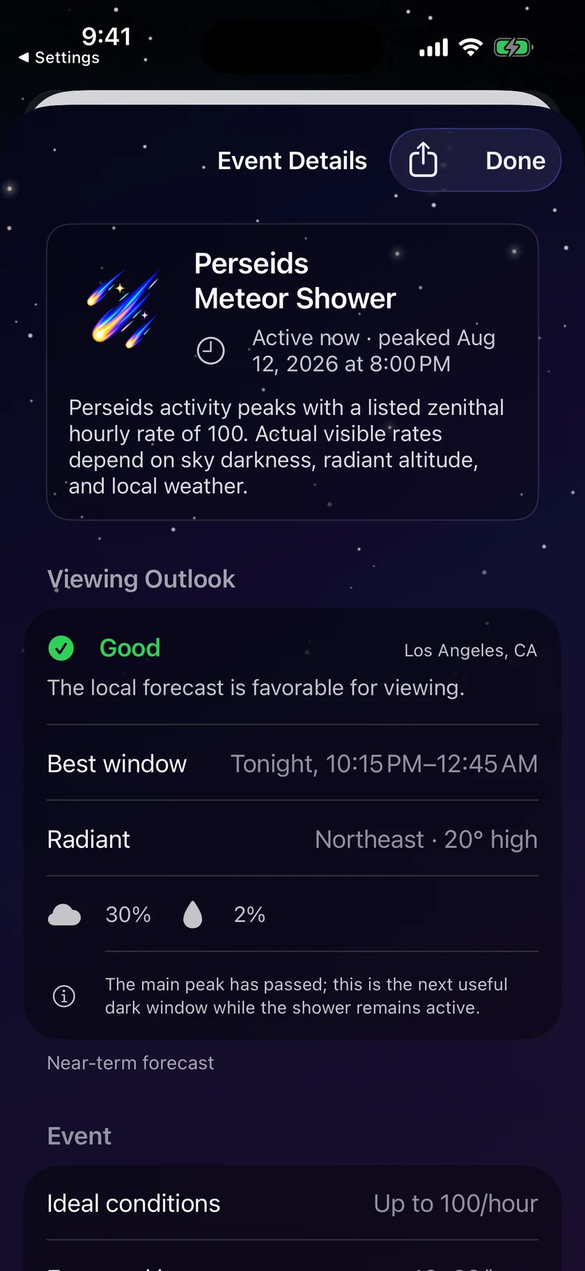 Perseids Meteor Shower event details over a night-sky scene, showing a Good viewing outlook for Los Angeles, a best window from 10:15 PM to 12:45 AM, the northeast radiant, cloud and rain chances, and an expected local rate of 16 to 32 meteors per hour
