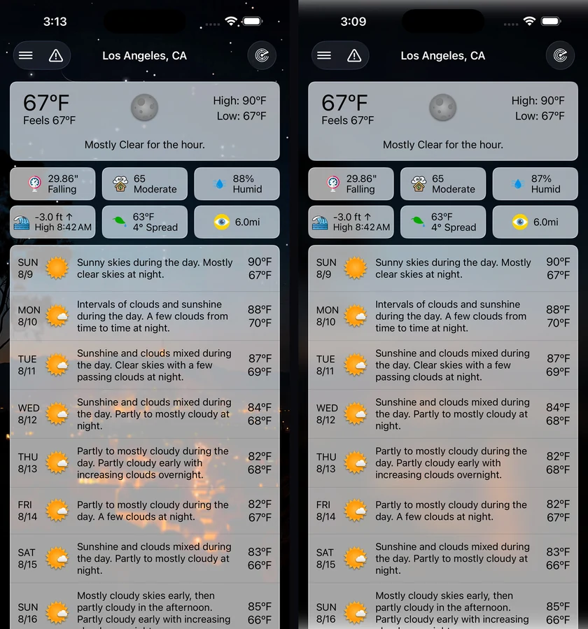 Side by side comparison of the same Los Angeles night city-pack background, first at full detail with the forecast text competing against city lights, then with blur and dimming applied so the text reads cleanly while the scene keeps its colour