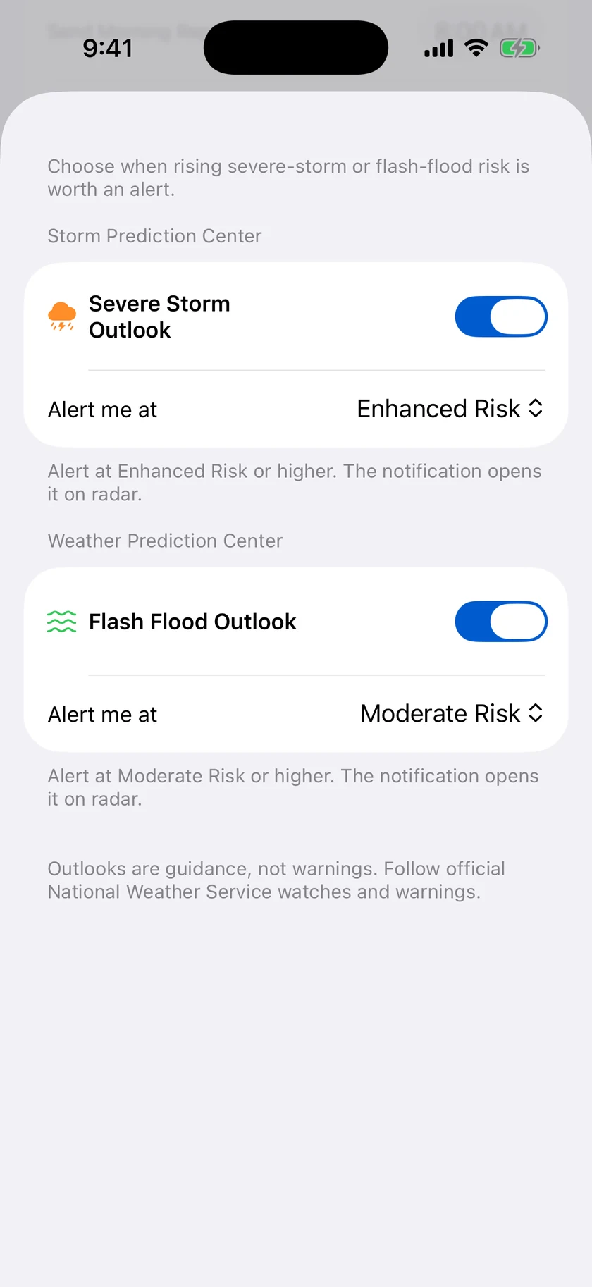 Severe Outlook Alerts settings with Severe Storm Outlook enabled at Enhanced Risk and Flash Flood Outlook enabled at Moderate Risk