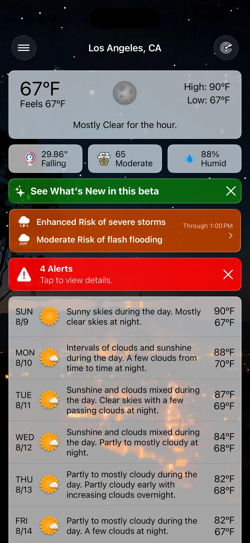 The main screen with an orange Severe Risk card above the alerts banner reading Enhanced Risk of severe storms and Moderate Risk of flash flooding, with its validity window trailing