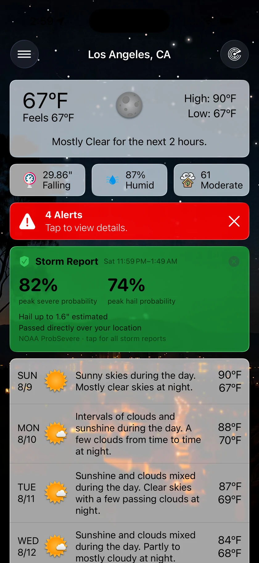 A green Storm Report card between the alerts banner and the forecast, reading 82% peak severe and 74% peak hail, hail up to 1.6 inches estimated, and passed directly over your location