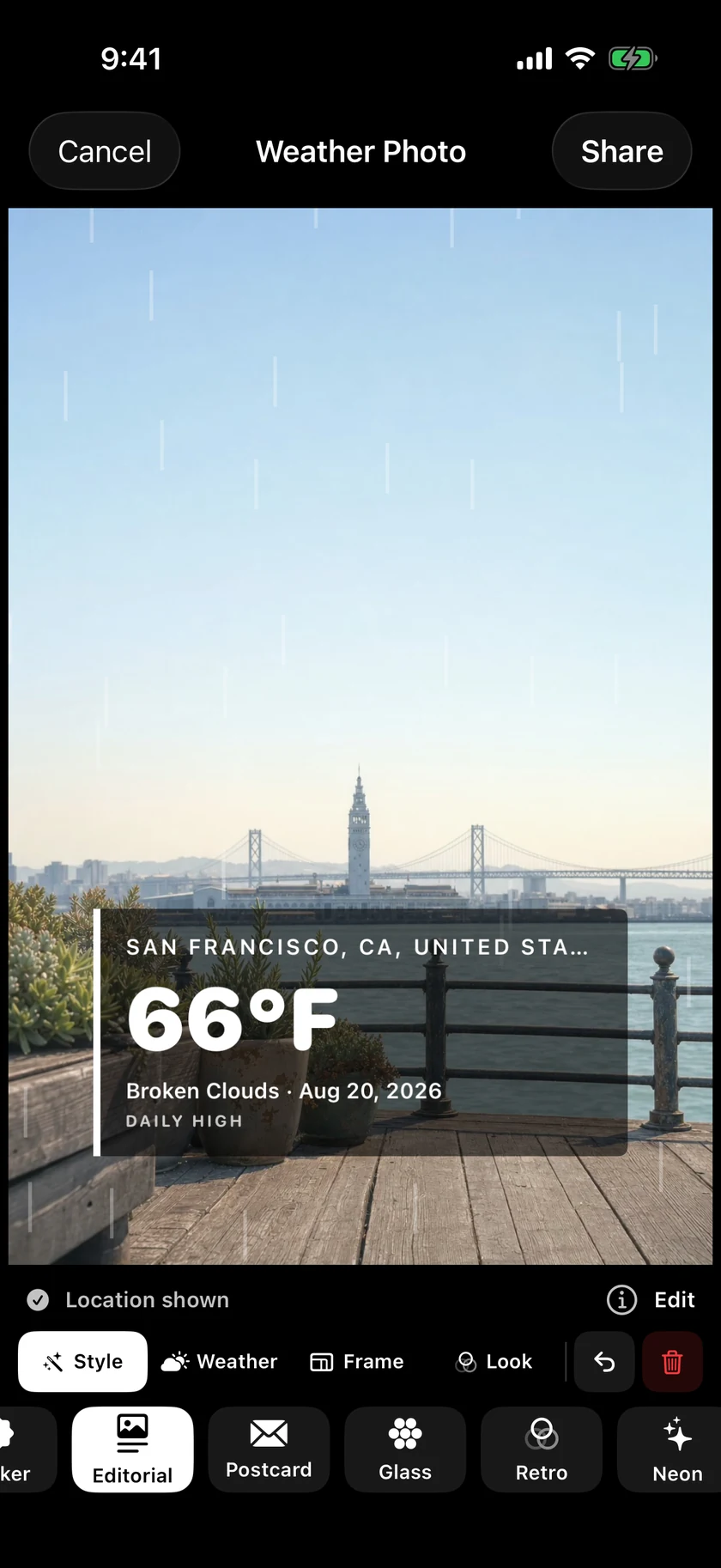 Weather Photo editor placing an Editorial treatment over a bright San Francisco waterfront image, with 66 degrees, Broken Clouds, the date and place, plus controls for style, weather, frame and look