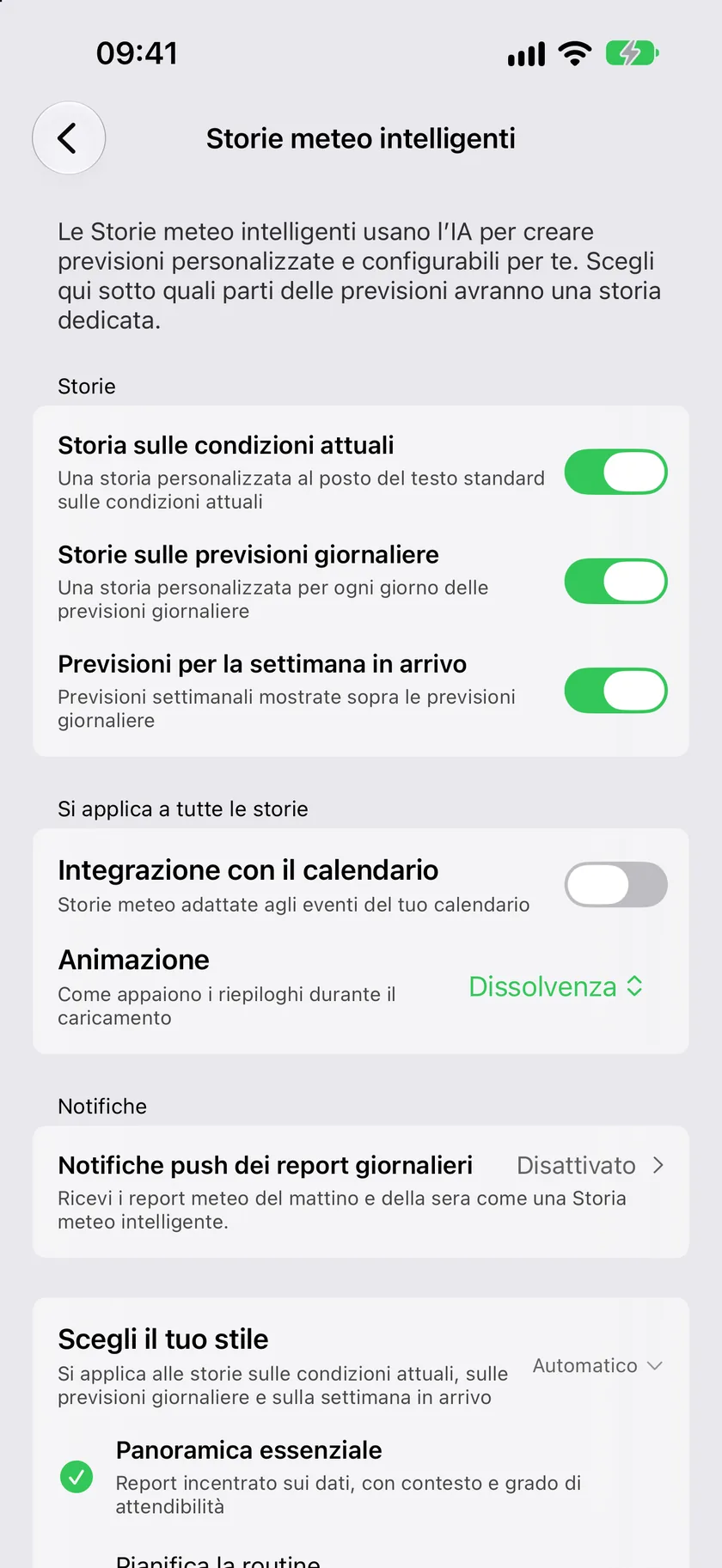 La schermata delle impostazioni Storie meteo intelligenti con la sezione Storie e un interruttore per ogni storia