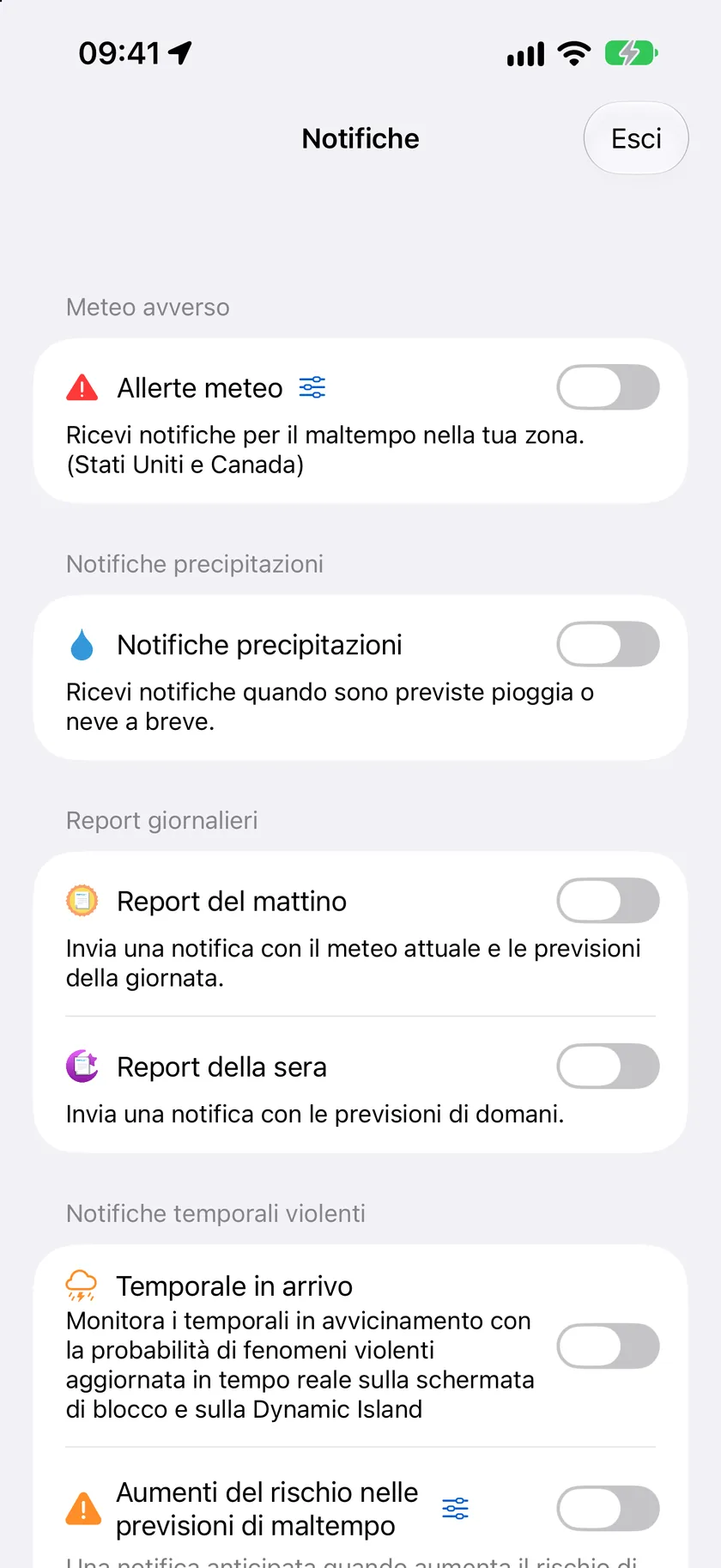 La schermata delle impostazioni Notifiche con le sezioni Meteo avverso, Notifiche precipitazioni, Attività in tempo reale e Report giornalieri, tutte attive.
