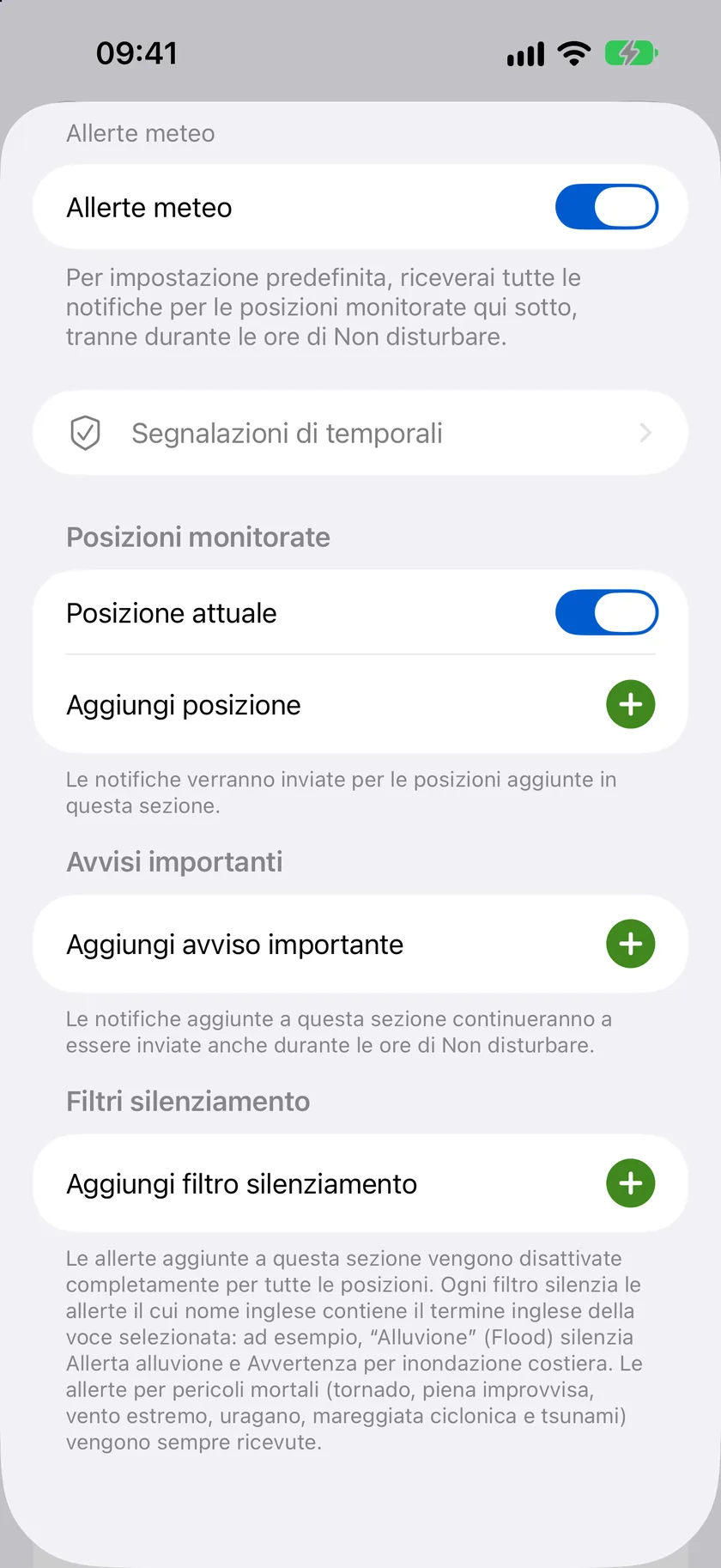 La schermata dei dettagli Notifiche meteo con l’interruttore principale e le sezioni Località monitorate, Avvisi importanti e Filtri di silenziamento.