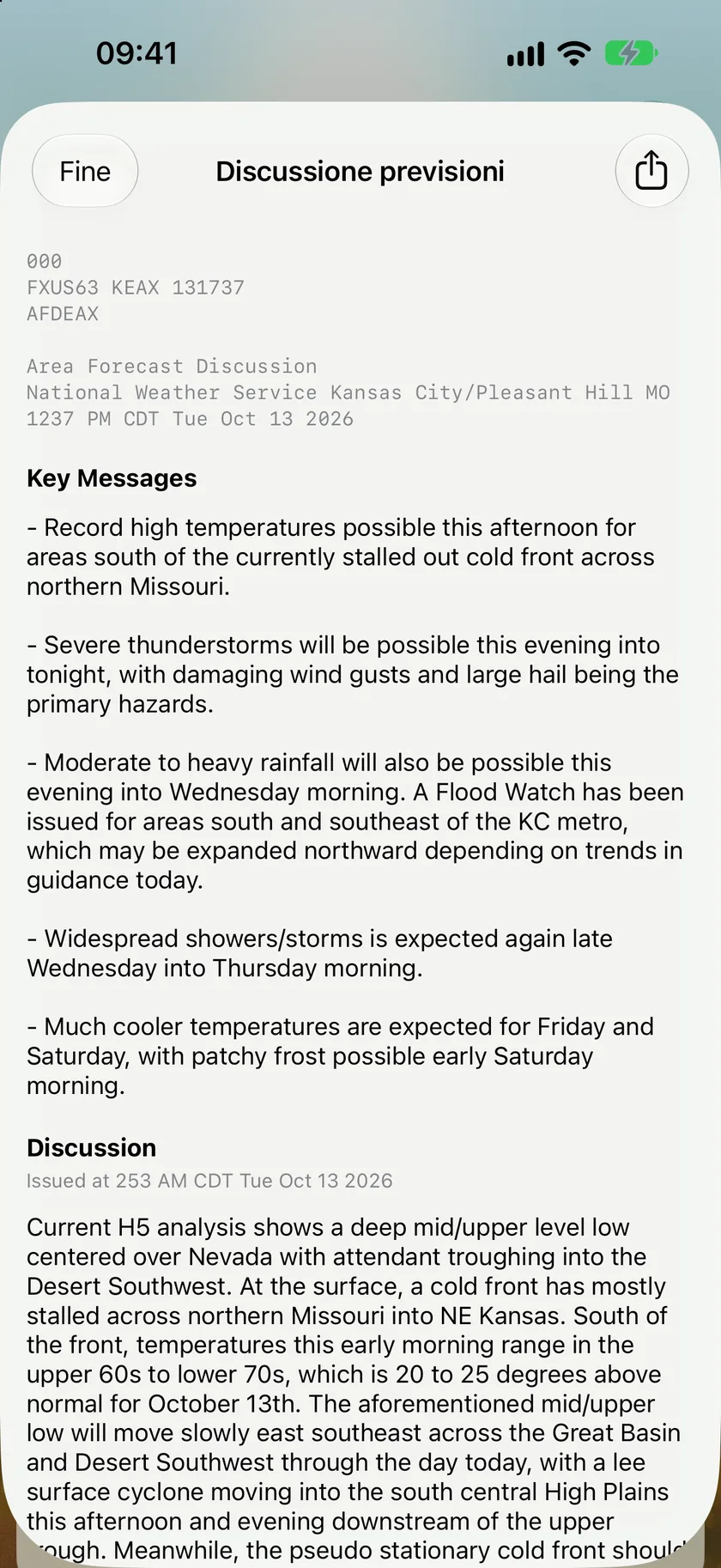 Il pannello Discussione delle previsioni di zona con una discussione del National Weather Service e i messaggi principali.