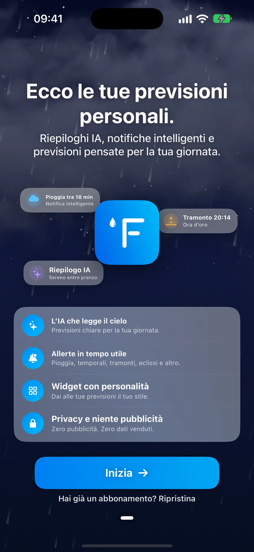La schermata di benvenuto della procedura iniziale, con esempi di notifiche, un elenco di funzioni e un pulsante Inizia.