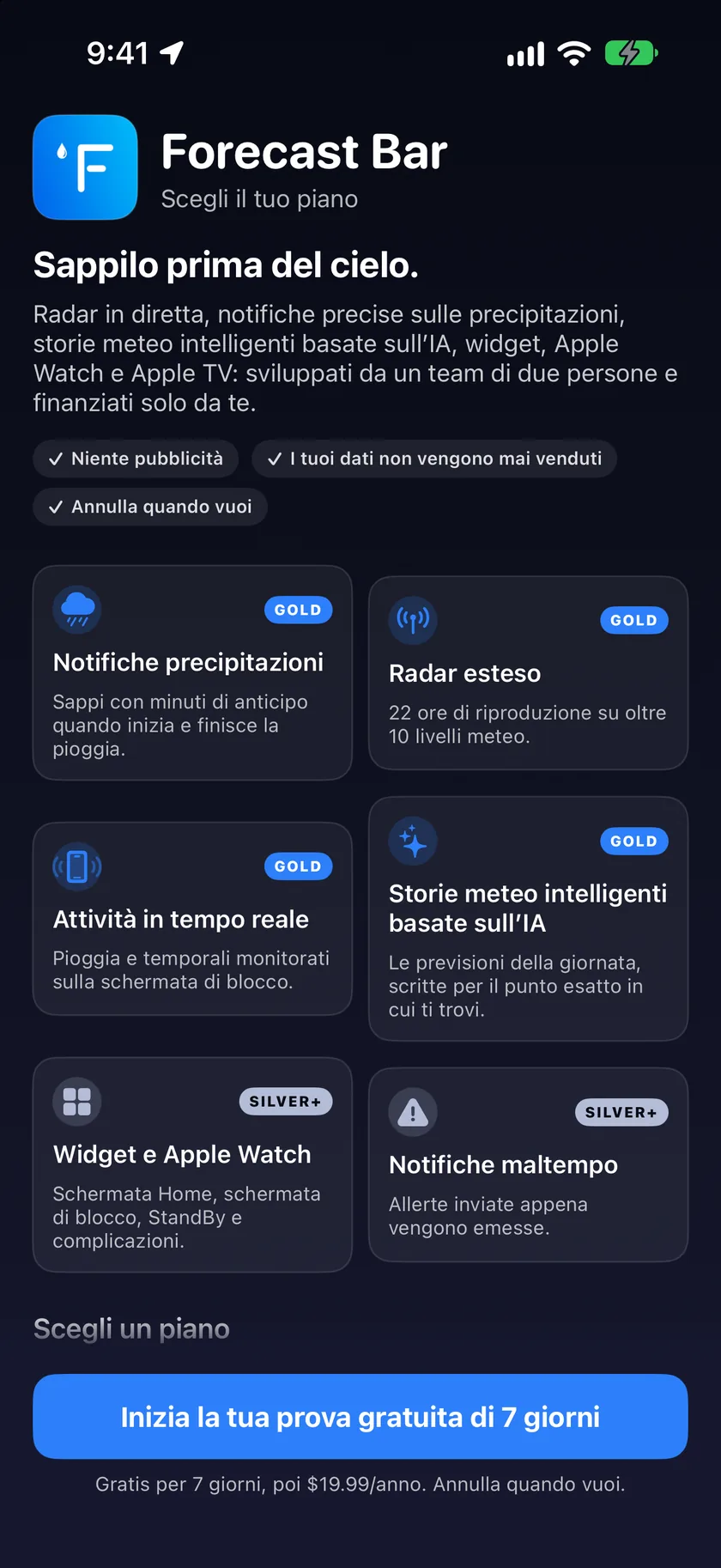 La schermata di abbonamento con la scheda del piano Gold che elenca le sue funzioni con dei segni di spunta.
