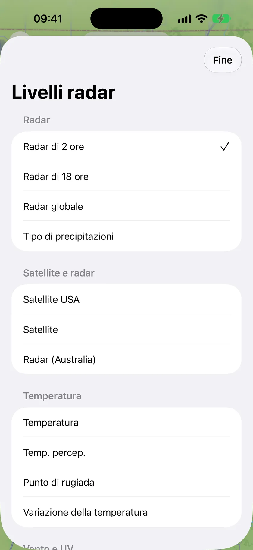 Il pannello Livelli radar con Radar 2 ore, Radar 18 ore, Radar globale, Tipo di precipitazione e i livelli satellite e temperatura.