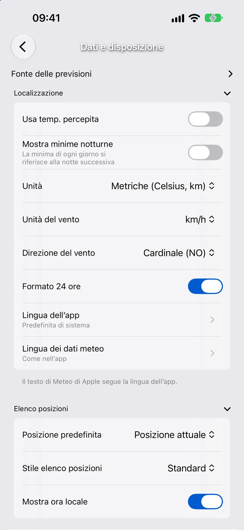 La schermata delle impostazioni Dati e disposizione con le sue sezioni comprimibili
