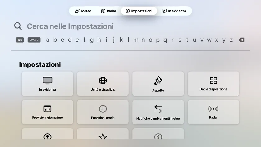La schermata Impostazioni di Apple TV con undici riquadri, da In evidenza a Informazioni e altro.