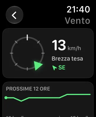 La stessa schermata Vento su un Apple Watch SE da 40 mm: un anello della bussola più piccolo a sinistra, 8 mph, Brezza tesa e NNE accanto e, sotto, il minigrafico PROSSIME 12 ORE.