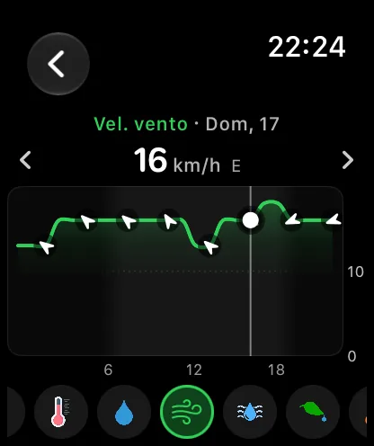 La schermata del grafico sull’orologio su Velocità vento per un giorno successivo, una curva verde con piccole frecce bianche che mostrano la direzione del vento, fatta scorrere fino alle 17:00 con una lettura di 8 mph da nord.