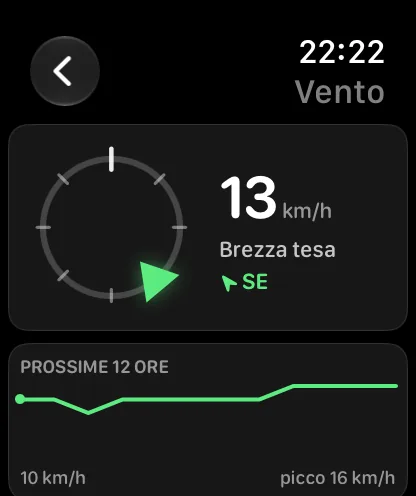 La schermata Vento: un piccolo anello della bussola a sinistra con un indicatore verde sull’anello che punta da nord-nord-est e, accanto, 8 mph, Brezza tesa e NNE in verde, sopra una scheda intitolata PROSSIME 12 ORE con un minigrafico verde che indica 5 mph a sinistra e un picco di 7 mph a destra.