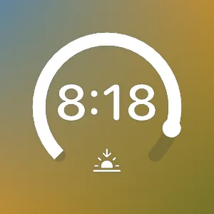 원형 일출 및 일몰 위젯 — 아래쪽이 열린 두꺼운 링이 해 표시까지 거의 한 바퀴 채워져 있고, 가운데에 7:16이 크게, 링의 열린 부분에 작은 일몰 기호가 있습니다.