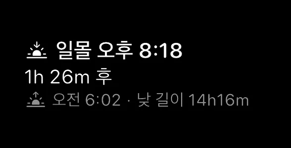 직사각형 일출 및 일몰 위젯 — 일몰 기호 옆에 일몰 오후 7:16, 그 아래 2시간 14분 후, 이어서 일출 기호 옆에 오전 6:56과 점, 낮 12시간 20분이 표시됩니다.
